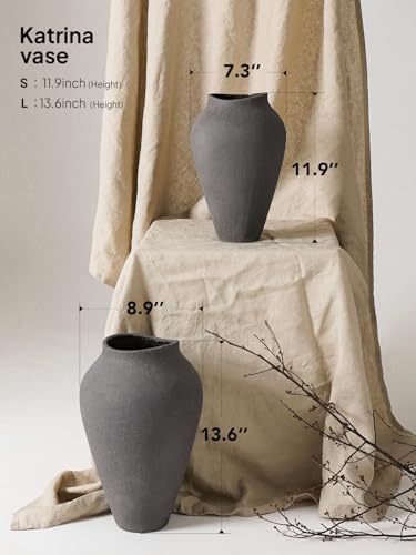 Ceramic Vase - Large 13.6 Inch Tall Floor Vase for Centerpieces, Farmhouse Flower Vases, Rustic Minimalist Home Decor for Living Room, Enterway, Wedding (Sandstone Dark Gray) - color: 13.6 Inch-sandstone Dark Gray