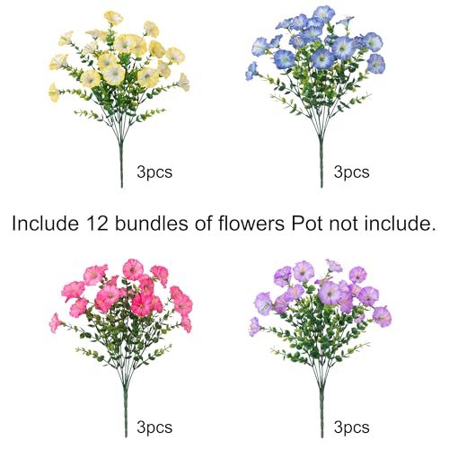 HyeFlora Artificial Flowers for Outdoors Fake Plants Outside Decoration, 12 Bundles Silk Colorful Morning Glory with Eucalyptus UV Resistant Realistic Faux Flowers for Planter Porch Patio Yard Indoor - color: Multi Color(3 Gradient Pink, 3 Gradient Purple
