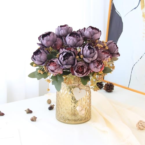 Faux Flowers in Vase, Fake Flowers in Vase 21 Pcs Faux Peony Flowers, Artificial Flowers for Home Decor, Indoor Centerpiece for Living Room & Dining Table - Purple Red - color: Purple Red Peony