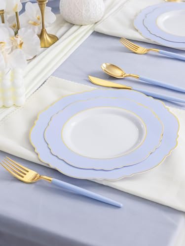 WDF 60pcs Blue Plates Disposable With Gold Rim - Baroque Baby Blue Plastic Party Plates for Wedding/Party/Baby Shower/Spring - color: Blue and Gold, size: 60PCS