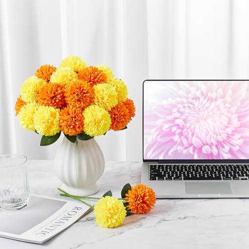 SITUMEIZI 12 Pcs Artificial Chrysanthemums Flowers Ball Flower Fake Mums Silk for Fall Decor Halloween Thanksgiving Day Wedding Home Kitchen Decoration Floral Arrangement(Yellow,Orange) - color: Orange & Yellow, size: 12 Pieces