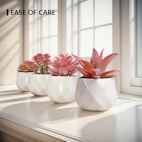 VIVERIE Mini Faux Succulents Plants Artificial in Pots-Rose Pink Desk Accessories, Small Fake Succulents Plants for Home Decor Indoor for Women, White Ceramic, Set of 4 - color: Pink
