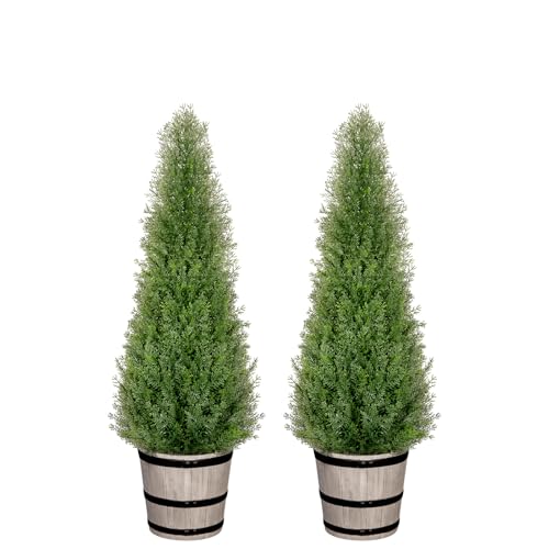 VIVATREES 3FT Artificial Cedar Topiary Trees with Rustic Barrel Planter, Outdoor Indoor Realistic Faux Pine Shrubs Plants, Fake Cypress Trees for Home Offices Porch Decor, Set of 2 - color: Brown, size: 3FT
