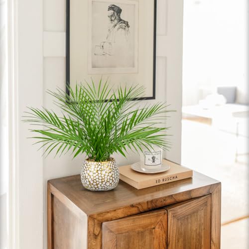 Briful Fake Plants 15'' Faux Palm Plant in Gold-White Pot | Realistic Tropical Artificial Plants Indoor for Home Farmhouse Mini Palm Tree Centerpieces for Tables Outdoors Kitchen Top Decor - color: 15'' Tall White and Gold