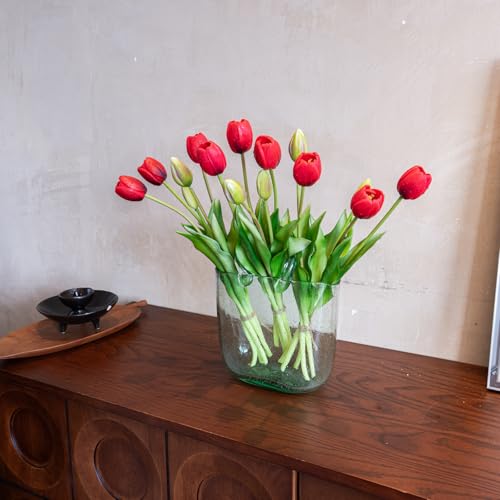 Artificial Tulips Flowers,Soft Touch Latex Bouquet, Fake Tulips,Spring Wedding Home Room Table Centerpiece Decor - color: 15pcs Red(no Vase)