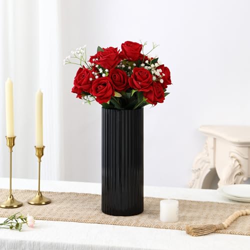 Black Glass Vase for Flowers, Ribbed Glass Vase for Tulips, Black Modern Vases, Tall Cylinder Glass Vases for Living Room, Bedroom, Dining Table, Office, Wedding, Bookshelf, 12 Inches - color: Black, size: 12''