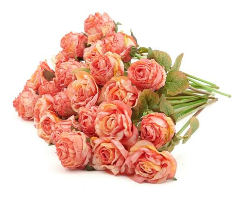 PONKING Rose Artificial Flower 28pcs Realistic Faux Silk Roses Fake Flowers Bouquets Arrangements Decor for Wedding Spring Mother's Day, Home Table Decorations, Orange Flower - color: A 28pcs Orange Rose
