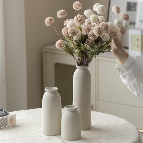 Ceramic Vase Set-3, 10.3 Inch Tall Flower Vases for Decor, Modern Boho Farmhouse Style, Decorative Vases for Pampas Grass & Dried Flowers, Distressed Finish (L Beige) - color: L Beige