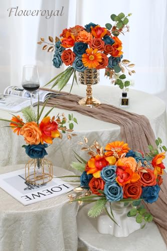 Floweroyal Artificial Flowers Combo Orange Flowers Mix Silk Flowers Fake Roses with Stems for DIY Wedding Bridal Bouquets, Baby Shower, Floral Arrangement, Table Centerpieces, Home Decorations - color: Peacock Blue & Orange