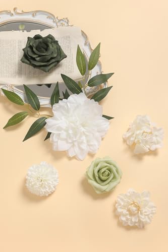 YYHUAWU Artificial Flowers Combo Set Fake Flower Leaf Box with Stems for DIY Wedding Bouquets Centerpieces Flower Arrangements Decorations Baby Shower Party Home Decorations - color: White&forest Green