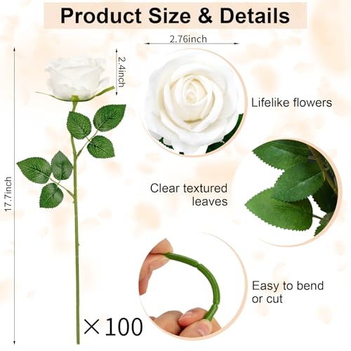 Ouddy Decor 100 Pcs Fake Roses Artificial Flowers Bulk Real Touch Velvet Silk Flowers with Long Stems for Wedding Bridal Bouquet DIY Table Centerpiece Mothers Day Valentines Gifts Home Decor, White - color: White, size: 100 Packs