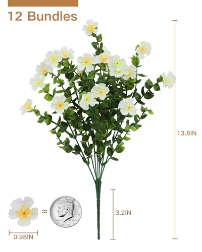 Artificial Flowers for Outdoors, 12 Bundles Fake White Flowers for Outdoor Planters, Faux Plants with Silk Flowers for Porch Decor Garden Patio Home Aesthetic - color: White