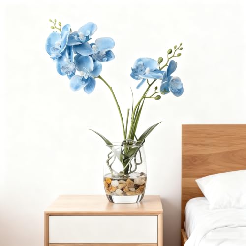 Jusdreen Artificial Blue Orchid in Glass Vase, Realistic Phalaenopsis Arrangement with Potting for Home Office Table Decor, 14.5 Inch Flower Centerpiece - color: Glass-blue