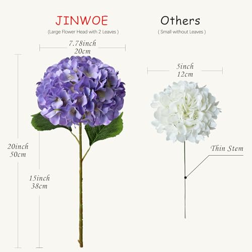JINWOE 5Pcs Puple Artificial Silk Hydrangea Flowers, 20Inch Large Lifelike Faux Hydrangea with Stems Bouquet for Home Table Centerpieces Wedding Baby Shower Garden Party Decoration - color: Puple