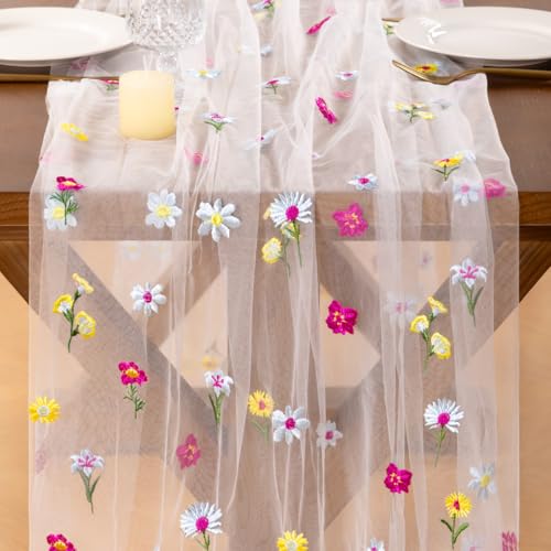 Socomi Flower Table Runner Summer Ivory White Daisy Floral Tulle Gauze Cheesecloth Embroidery Table Runners for Tea Party Garden Wedding Bridal Baby Shower Birthday Picnic Decor - color: Flower Ivory, size: 10ft X 1pc