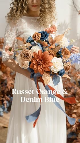 Ling's moment Fake Flowers Box, Faux Artificial Greenery Stems Foam Roses Gardenia Silk Dahlia Fabic Flower for Centerpieces Bouquet Wedding Vase Decorations, Burnt Orange & Navy, Grand Combo - color: Or-burnt Orange & Navy, size: Grand