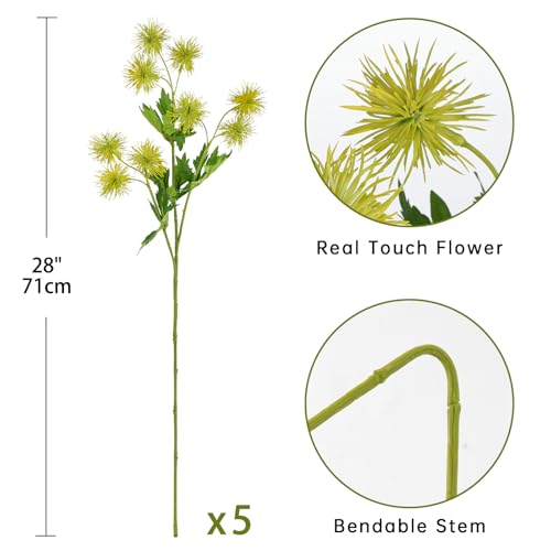 Hollyone 9 Heads Yellow Dandelion Artificial Flowers 5Pcs Faux Dandelions Flowers Bush Arrangement Bouquets Fake Ball Mums Flower Stem for Indoor Home Decor Table Office Party Wedding Decoration - color: Yellow