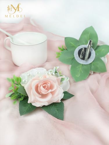 Pink&White Boutonniere for Men Wedding, Set of 6,Elegant Pearls Rose Boutonniere for Groom Groomsman Prom,Homecoming,Anniversary,Party,Prom Flowers and Vintage Wedding - color: White&pink Boutonniere 6pcs