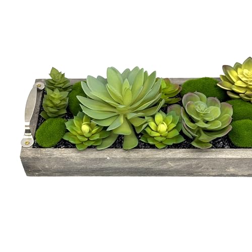 Galt International Faux Assorted Succulent in 31" Wood Tray w/Handles w/Black Rocks | Grey Wood Tray, Artificial Green Moss, Dining Coffee Table Centerpiece (Updated 2026 Packaging) - color: Black Rocks