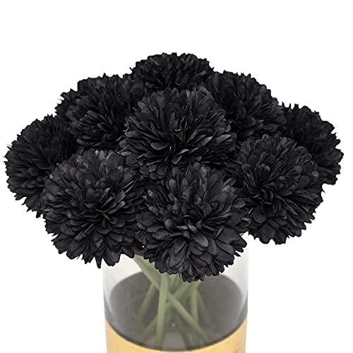 10Pcs Artificial Fake Flower Plants Silk Chrysanthemum Ball Hydrangea Arrangements Wedding Bouquets Decor Home Kitchen Garden Party Table Floral Centerpieces DIY (Black) - color: Black