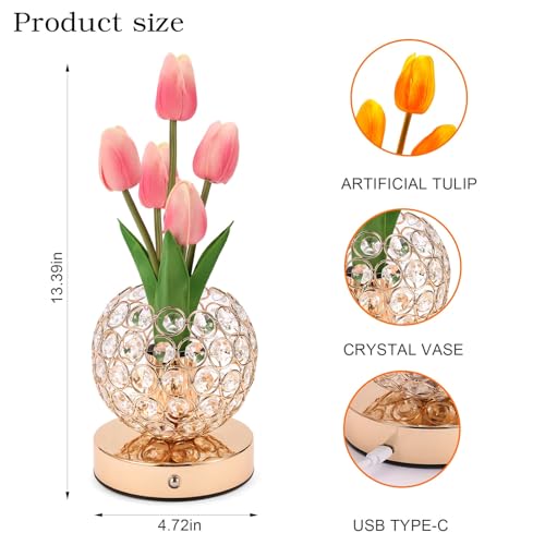 Cordless Tulip Flower Lamps, 3 Colors Touch Stepless Dimming Crystal Night Light, Rechargeable Artificial LED Flower with Vase Lamp Romantic Decor for Mothers Day,Xmas,Birthday (OG) - color: OG