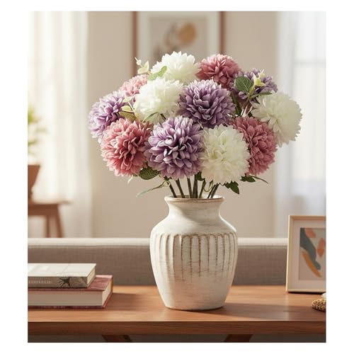 Artificial Silk Chrysanthemums with Eucalyptus, 12" Faux Mums | 12 Stems (Purple, White, Fuchsia) + 3 Eucalyptus, Plastic Stems Bendable, for Home Table Wedding Party Office Decor - size: 15pcs