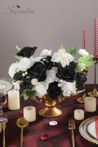 Serwalin Black Artificial Flowers and White Deluxe Combo Box Set, Daisy Fake Flower for DIY Wedding Bridal Bouquet, Centerpieces Decor, Floral Arrangement Decor, etc. - color: Agate Black and White, size: 1 Box