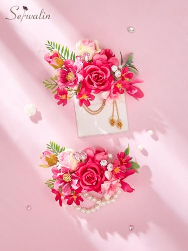 Serwalin 2Pcs Corsage and Boutonniere Set,Hot Pink Rose Corsage Wristlet and Pocket Boutonniere for Prom Wedding Homecoming Anniversary Graduation - color: Hot Pink