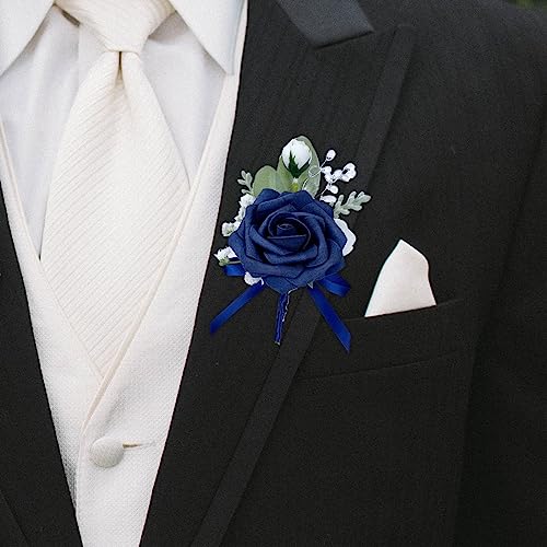 CherishedMoments Corsage and Boutonniere Set, Dark Blue Rose Handmade Artificial Flower Wrist Corsage and Groom Boutonniere for Seaside Wedding,Bridesmaid Hand Flower,Prom Suit Decorations - color: Dark Navy Blue