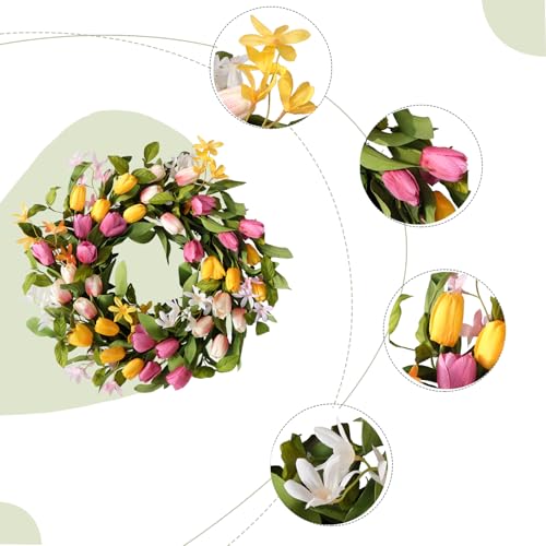 22" Tulip Wreath Spring/Summer Wreaths Artificial Floral Wreaths for Front Door Yellow Pink Tulip Easter Wreath for Indoor Outdoor Home Holiday Party Wedding Decor