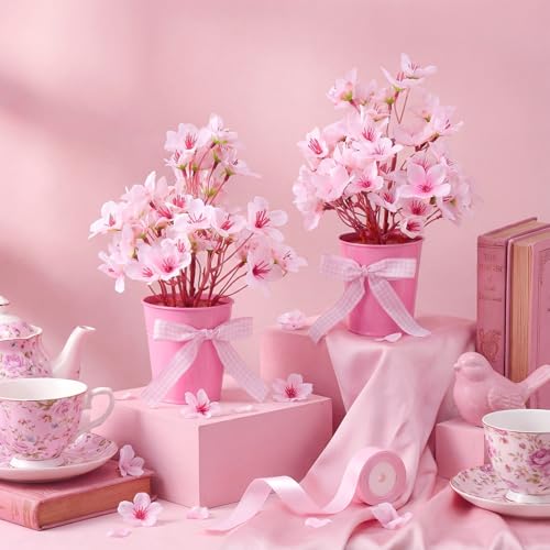 Suncalla 2 Pack Small Artificial Cherry Blossom Plant in Pots Faux Flower Potted Plants Pink Arrangement Rustic Home Decor 7.9" Tall for Sakura Japanese Table Centerpiece Windowsill Indoor Decor - color: Pink, style: Cherry