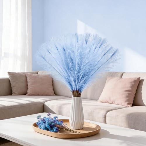 50pcs Sky Blue Pampas Grass 21.6 Inch Non-Shedding Faux Pampas Grass Decor, Fluffy Artificial Pampas for Boho Home, Wedding Centerpieces and Neutral Vase Arrangements - color: Sky Blue