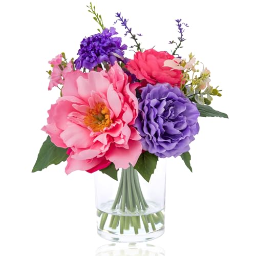 WELL KNOWN Artificial Flowers in Vase with Fake Water, Pink & Purple Silk Flowers Fake Ranunculus Peonies Lilac Bouquet for Home Wedding Party Dining Table Baby Shower Decor & Birthday Gift (Violet) - color: Violet & Pink