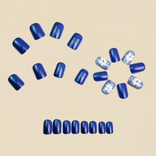Flower Press on Nails Short Square Fake Nails Blue Glossy False Nails Press Ons with Elegant Flower Glitter Designs Floral Glue on Nails Full Cover Artificial Acrylic Nails for Women Girls 24 Pcs - color: Blue White Flower