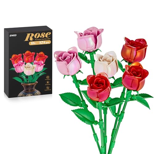 Rose Flower Bouquet Building Set: Artificial Flowers Botanical Collection Blocks Kit for Women Girls Wife Adults Home Decor Thanksgiving Christmas Mother's Day Valentine's Gifts 6-Pack - color: 3 Red & 2 Pink & 1 White