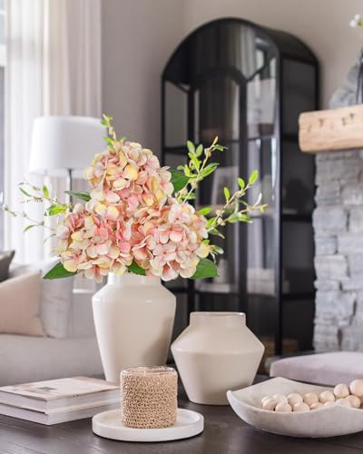 Pink Artificial Hydrangea Flowers 18.8 Inch Long with 6 Inch Full Realistic Bloom Lifelike Silk Faux Hydrangea Stems for Wedding Bouquet, Table Centerpieces, Party Decor, Home Indoor Decoration - color: Peachy Pink