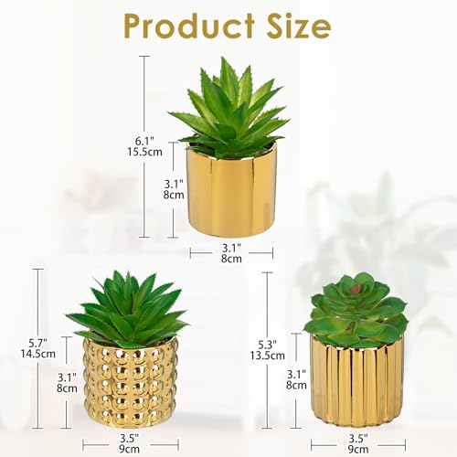 Briful Succulents Plants Artificial in Gold Ceramic Pots (Set of 3), Small Fake Plants for Home Office Desk Decor – Modern Mini Potted Succulents for Bathroom, Bedroom, Living Room Table, Shelf - color: Gold
