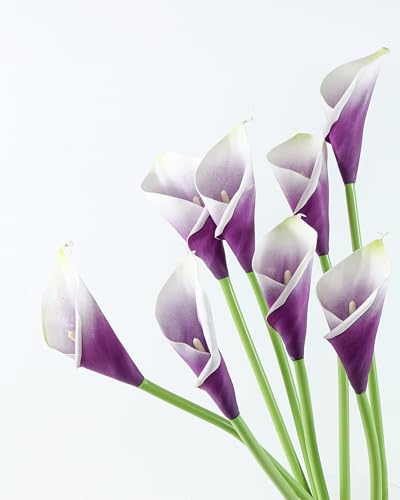 DuHouse 12pcs Calla Lily Artificial Flowers,26" Long Stem Large Calla Lily Flowers,Real Touch Calla Lilies for Party Wedding Bridal Bouquet Home Decor Centerpiece(White-Purple) - color: White-purple