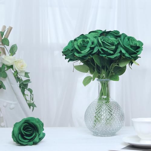 Felice Arts 12 Pack Green Roses Artificial Flowers with Stems Silk Roses for Vase Fake Flowers Bouquet for St Patricks Day Wedding Table Home Kitchen Party DIY Christmas Decor - color: Green