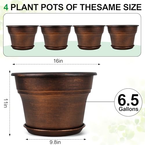 Plant Planters Pots Set of 4 Pack 16 Inch，Large Plastic Flower Pot For Indoor Plants With Drainage Holes & Trays, Resin Decorative Container Sets With Saucer For House Outdoor Garden Plant Copper - color: Copper, size: 16 inch-4 pack