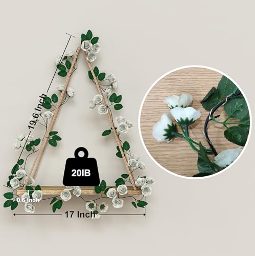 Triple Artificial White Flower Garland with LED-Strip Wall Hanging Shelves Set of 2, Boho Shelves for Wall Décor, Macrame Wall Shelf for Bedroom Bathroom Living Room Kitchen (No Battery Included) - color: Triple Flower