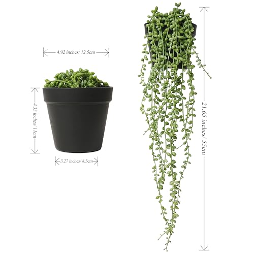 Jahe 2 Pcs String of Pearls Artificial Plants Indoor, Beaded Plant Succulents Plants Artificial, Fake Vines in Black Pots,Trailing Faux Plant for Living Room Bathroom Accessories Farmhouse Wall Decor