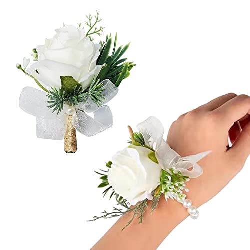 Rose Corsage and Boutonniere Set, 2PCS Handmade Artificial Flower Bride Wrist Corsage Wristlet Bracelets Wristband Men Boutonniere for Wedding Prom Suit Decorations (A-1 Boutonniere & 1 Wrist Corsage) - color: A-1 Boutonniere & 1 Wrist Corsage
