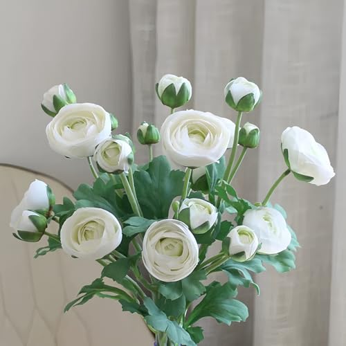 5PCS Artificial Ranunculus Flowers White Silk Flowers Leaves Real Touch Branches Stems Spray for Home Garden Office Decoration Wedding DIY Arrangements (White) - color: White