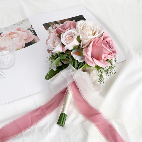 Wedding Bouquet for Bride - Premade Simple Artificial Roses Flowers for Bridal Shower Destination Ceremony Anniversary Decorations - Dusty Pink & White - color: Dusty Pink & White