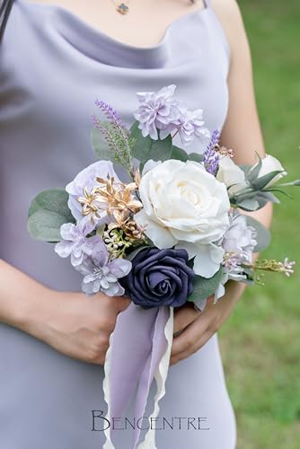 Set of 6 Purple Bridesmaid Bouquet, Lavender Wedding Bouquet,Small Wedding Bouquet,for Marriage Proposal Party and Wedding Ceremony,Anniversary,Artificial Flowers - color: Purple