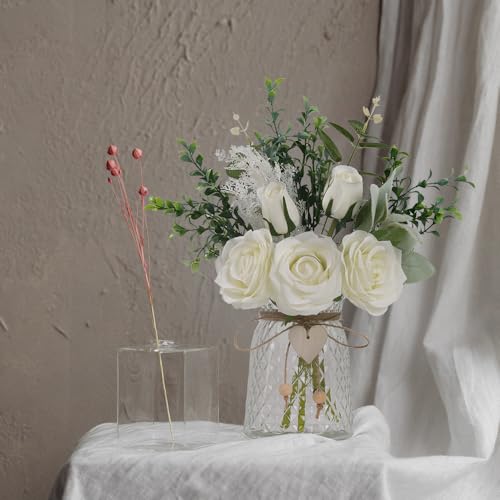 Fake Flowers with Vase Silk Rose Flowers in Vase Eucalyptus Flowers Arrangement Suitable for Home Office Decoration, Dining Table Centerpiece (Rose-White) - color: Rose-white