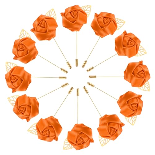 M METERXITY 12-Pack Flower Lapel Pins for Men, Golden Leaf Rose Boutonnieres Pin for Wedding/Dance/Party, Mens Lapel Pins for Suits Satin Flower Corsage Hat Pins [Orange] - color: Orange