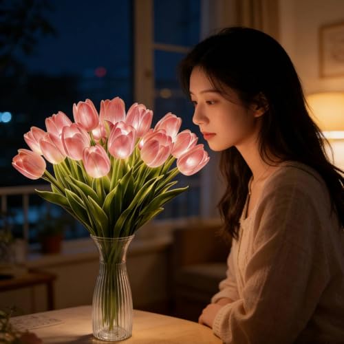 15pcs LED Lighted Artificial Flowers Tulip Lamp with Vase Real Touch Tulips Faux Flower Lights for Valentines Day Gift Easter Home Kitchen Wedding Dining Table Decor (Pink) - color: 15pcs Pink