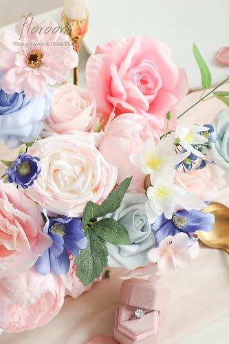 Floroom Pink Blush Blue Artificial Flowers Fake Roses Peonies and Greenery Combo Box Set for DIY Wedding Bouquets Bridal Shower Centerpieces Floral Arrangements Party Tables Home Decorations - color: Ethereal Blossom Symphony